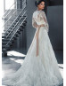 V Neck Ivory Lace Polka Dots Tulle Long Sleeves Wedding Dress